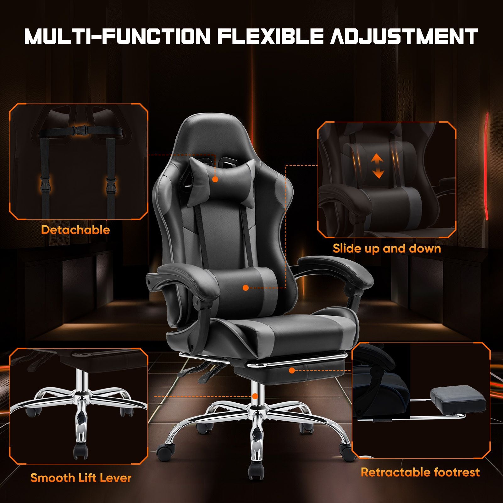 Video Game Desk Chair - Ergonomic Computer with Footrest and Comfy Lumbar Support, PU Leather Recliner with Headrest, Fixed Up Armrest, Height Adjustable with 360° Swivel, for Adults, gray