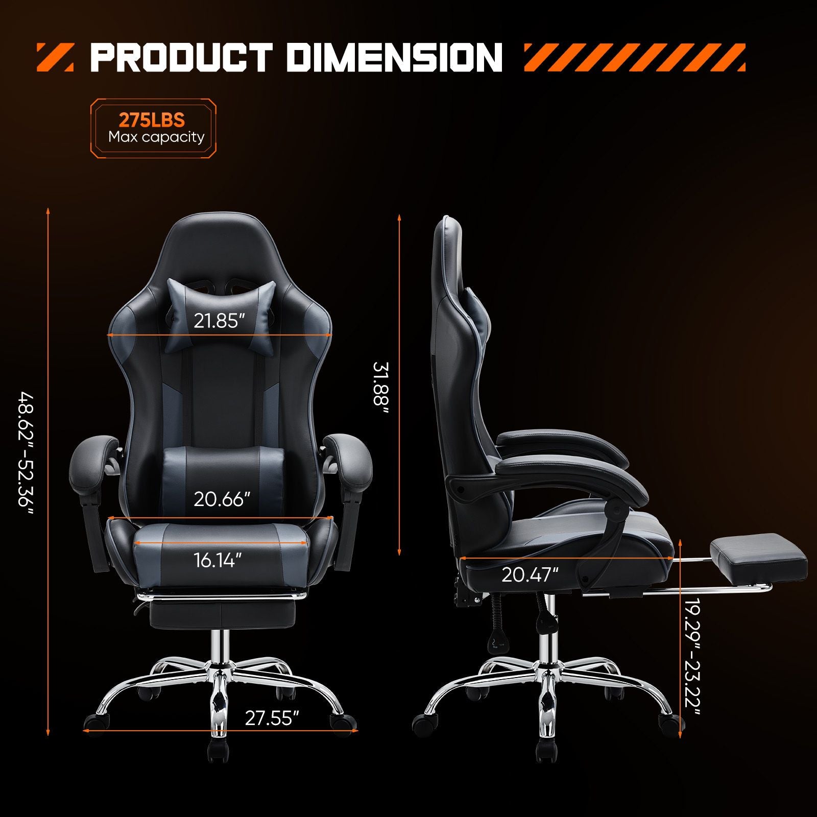 Video Game Desk Chair - Ergonomic Computer with Footrest and Comfy Lumbar Support, PU Leather Recliner with Headrest, Fixed Up Armrest, Height Adjustable with 360° Swivel, for Adults, gray