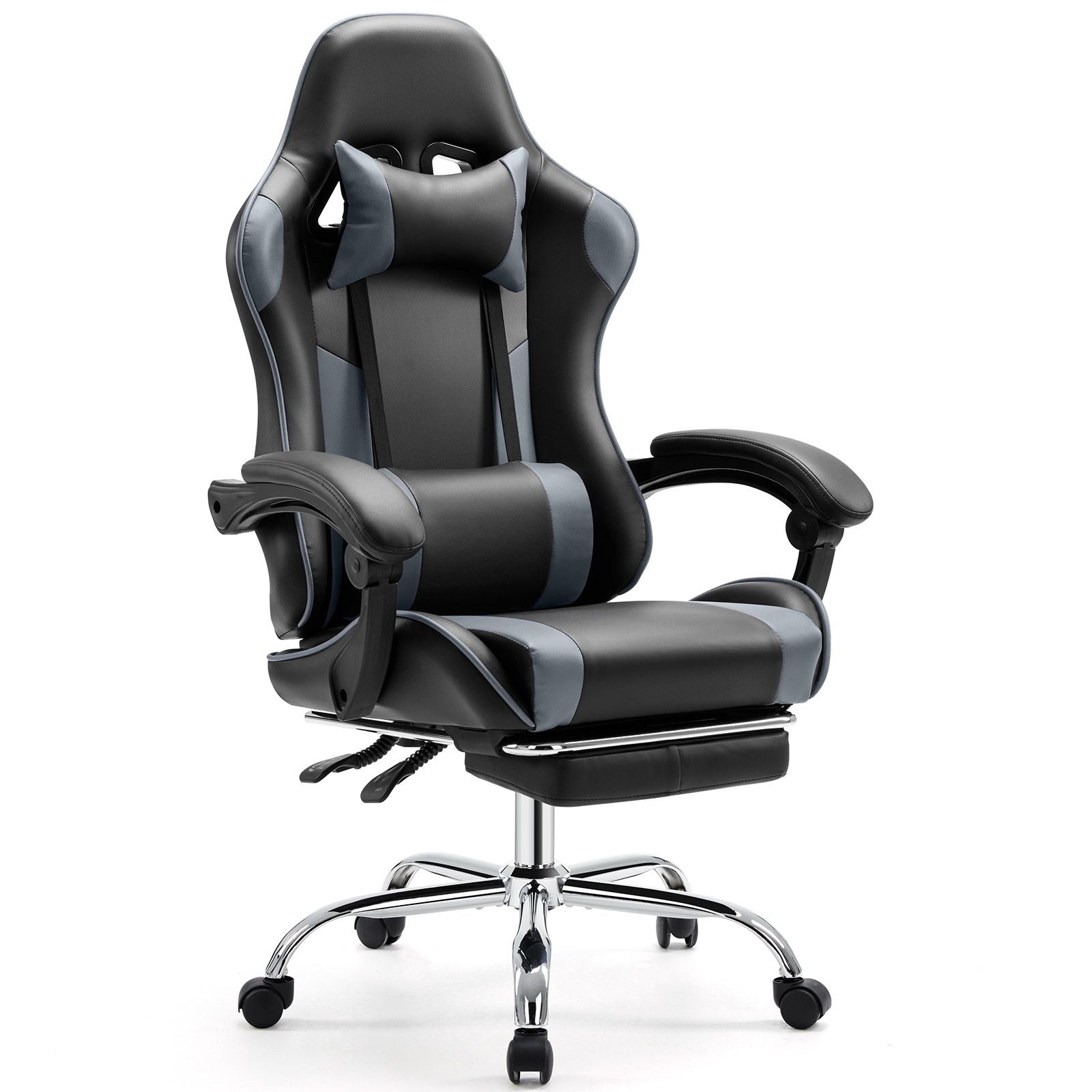 Video Game Desk Chair - Ergonomic Computer with Footrest and Comfy Lumbar Support, PU Leather Recliner with Headrest, Fixed Up Armrest, Height Adjustable with 360° Swivel, for Adults, gray