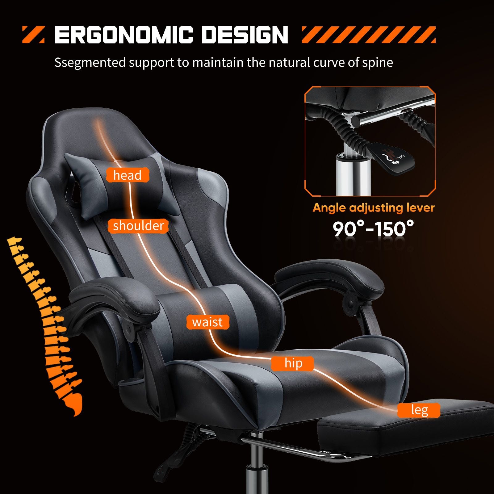 Video Game Desk Chair - Ergonomic Computer with Footrest and Comfy Lumbar Support, PU Leather Recliner with Headrest, Fixed Up Armrest, Height Adjustable with 360° Swivel, for Adults, gray