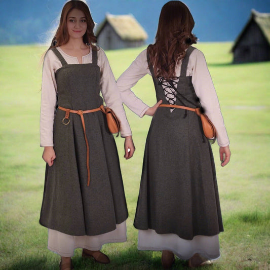 Vestido delantal vikingo en lana con cordones traseros - Vestido túnica vikingo