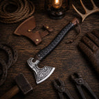 Viking Axe with Leather Sheath – Hand Forged Norse Engraving Hatchet