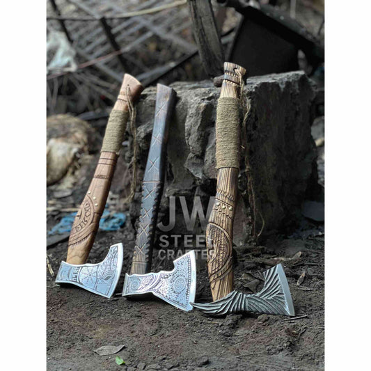 Collectible Norse-style Three-Axe Set with Intricate Engravings and Sculpted Wooden Handles