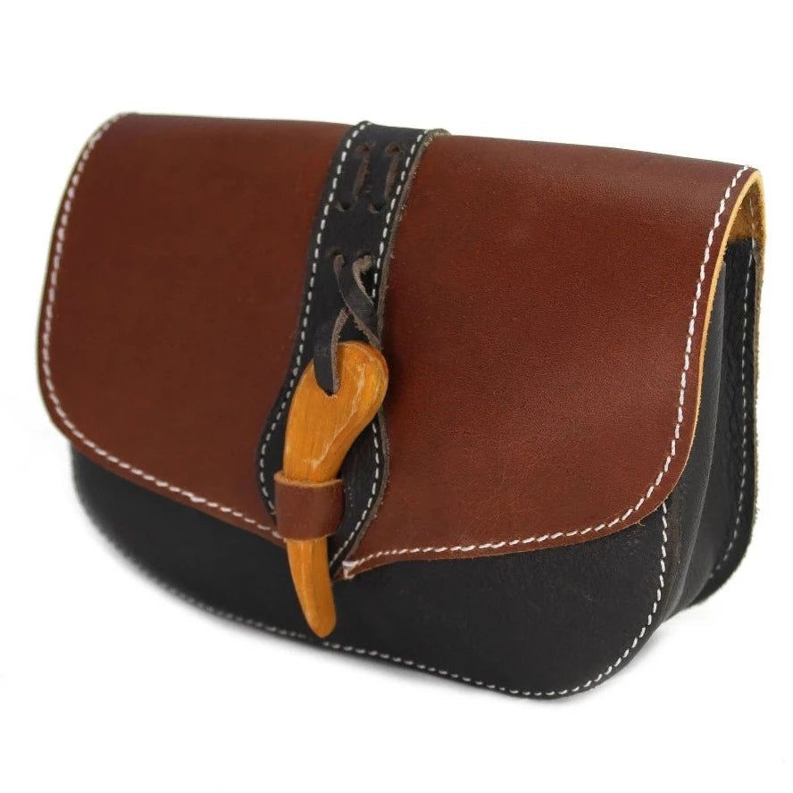 Brown Viking Leather Belt Pouch | Wooden Clasp Closure