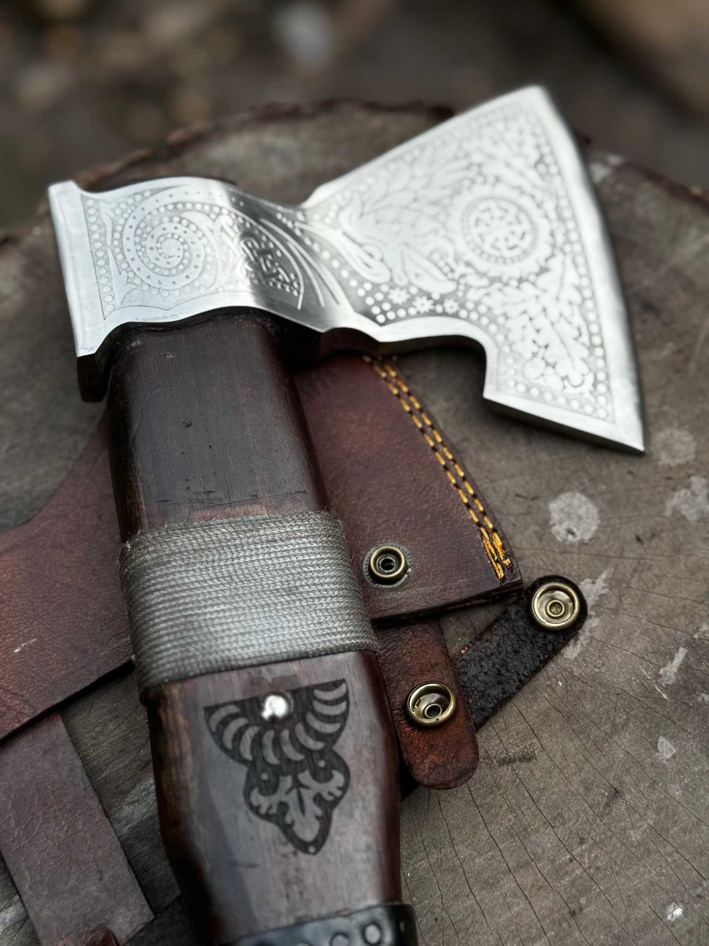 Viking Bearded Axe with Norse Engraved Blade and Leather Sheath