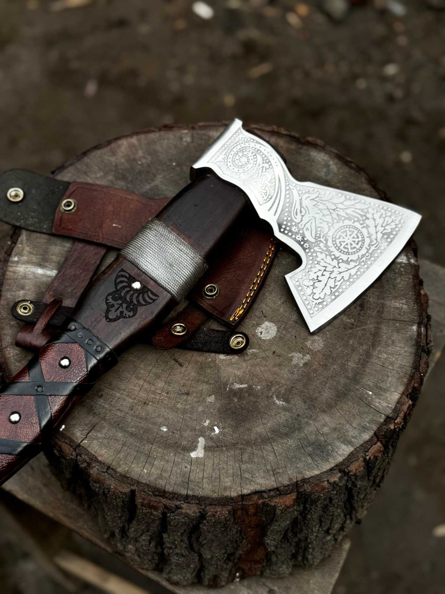 Viking Bearded Axe with Norse Engraved Blade and Leather Sheath