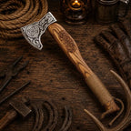 Viking Celtic Engraved Bearded Axe – Burnt Ash Wood & Rope Grip