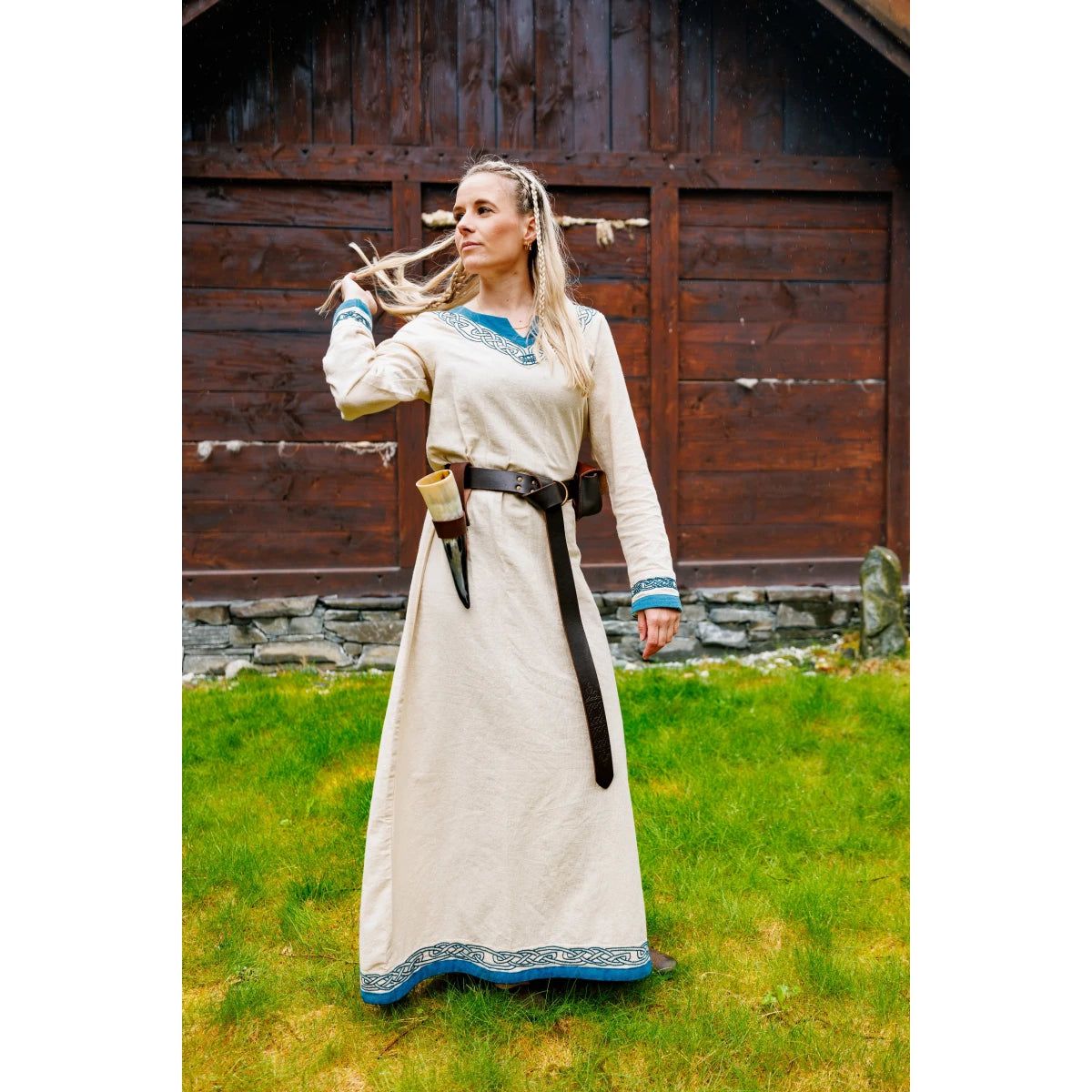 Viking Dress in Natural Cotton with Blue Trim - Elegance Meets Warrior Spirit