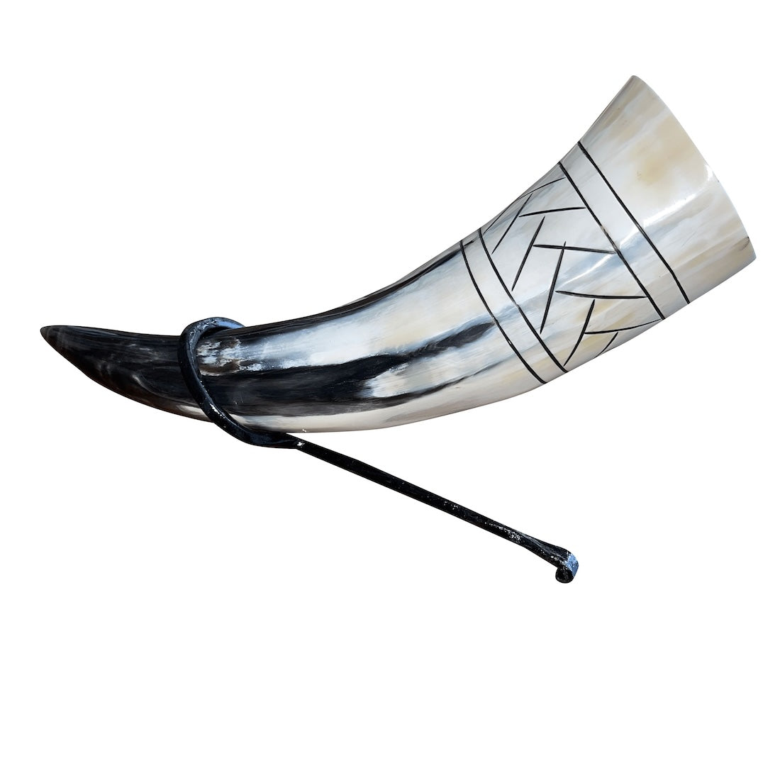 Corne à boire viking avec boucle de ceinture et support en fer – Motif écailles
