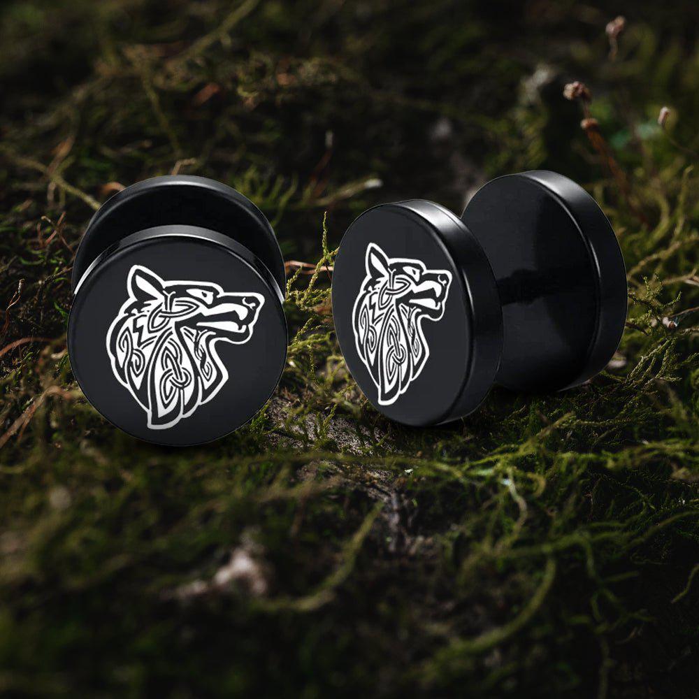 Boucles d'oreilles Viking avec symbole de loup nordique Fenrir - Clous noirs