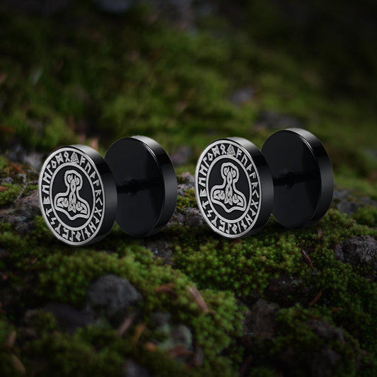 Boucles d'oreilles Viking avec symbole du marteau de Thor - Clous noirs