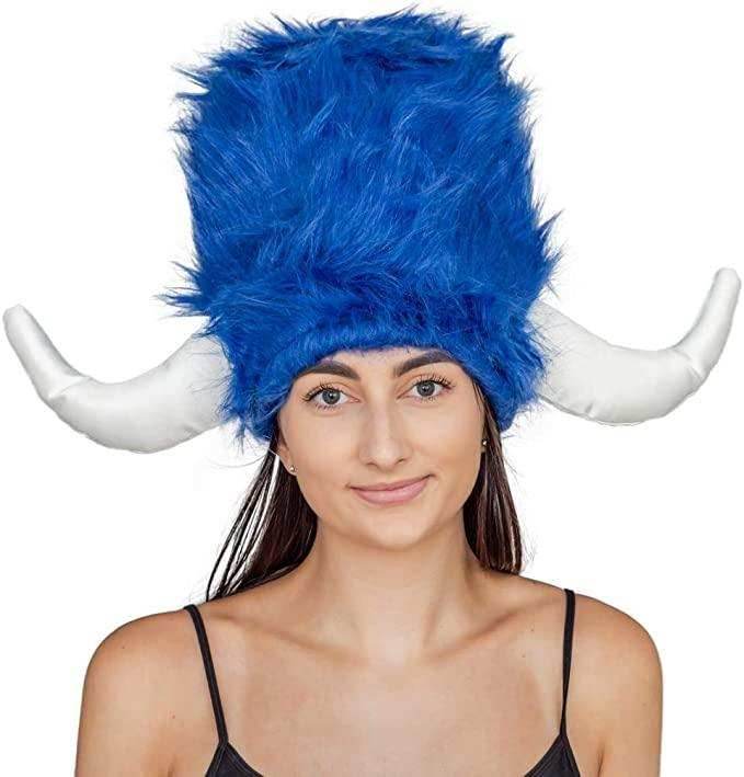 Viking Furry Blue Hat Helmet Adult Halloween Costume Accessory - 