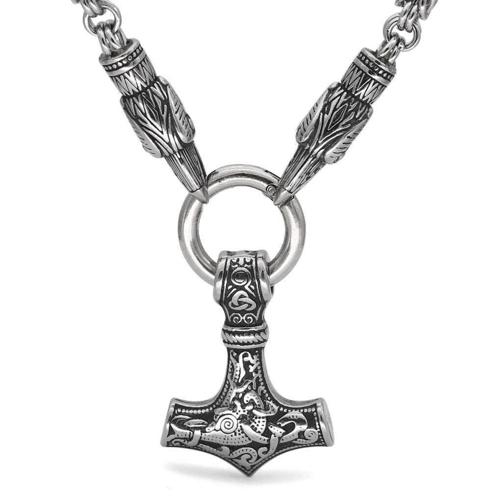 Vikings Mjolnir and Ravens Stainless Steel Necklace - 50 CM / 20 Inches
