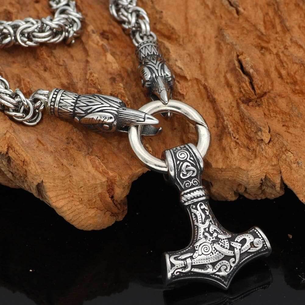 Vikings Mjolnir and Ravens Stainless Steel Necklace - 50 CM / 20 Inches