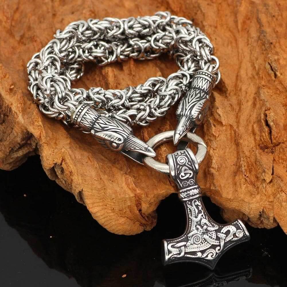 Vikings Mjolnir and Ravens Stainless Steel Necklace - 50 CM / 20 Inches
