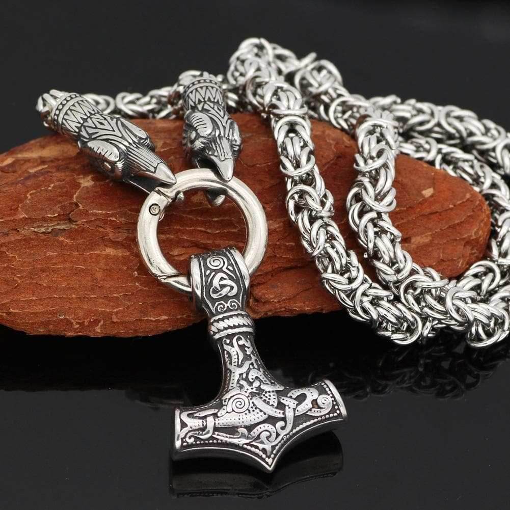 Vikings Mjolnir and Ravens Stainless Steel Necklace - 50 CM / 20 Inches