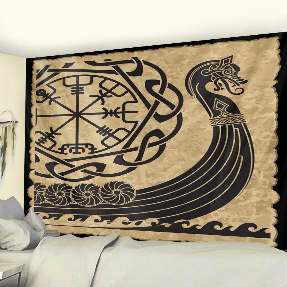 Viking mystical symbol home decoration tapestry psychedelic scene tapestry Bohemian Upholstered Sofa carpet witchcraft yoga mat