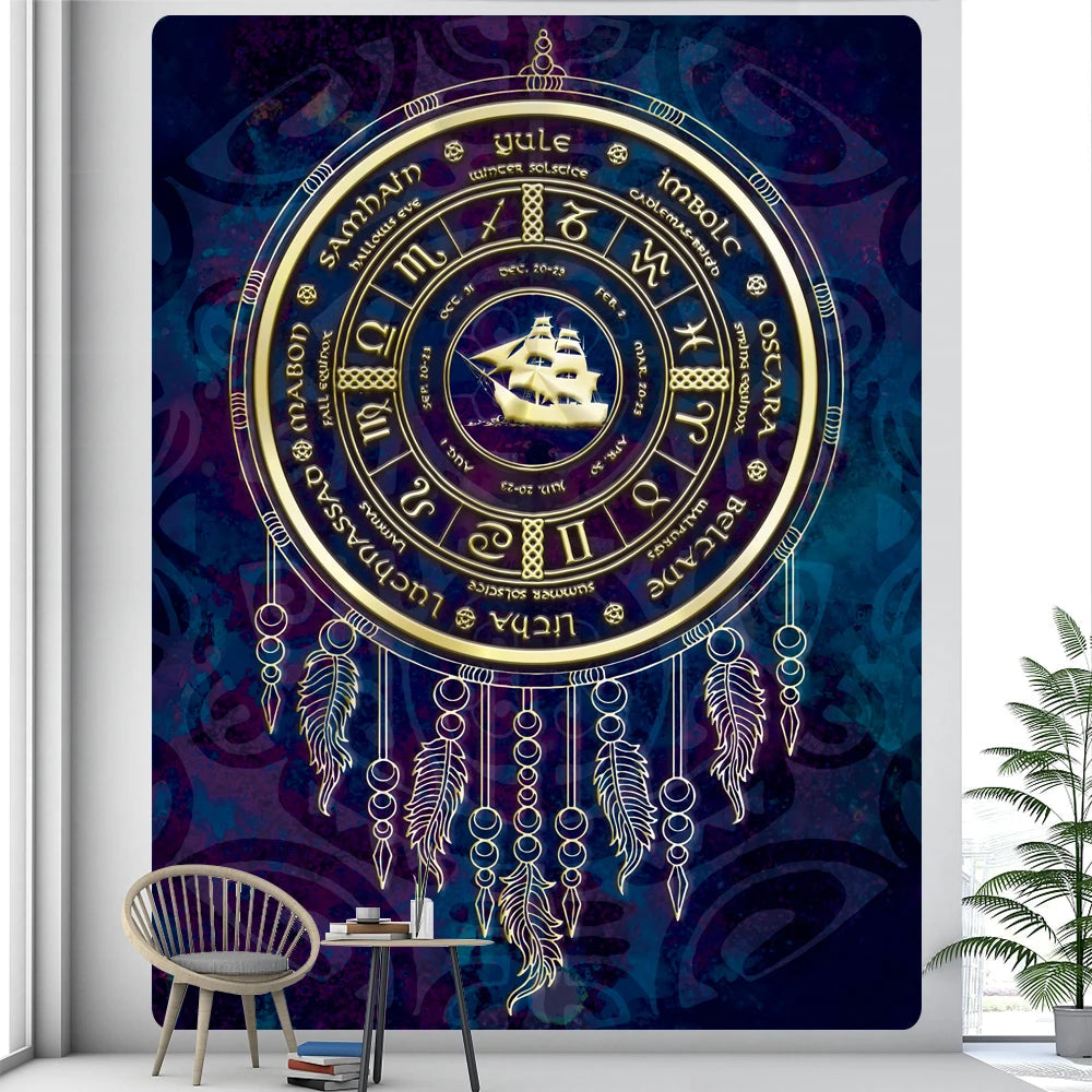 Viking mystical symbol home decoration tapestry psychedelic scene tapestry Bohemian Upholstered Sofa carpet witchcraft yoga mat