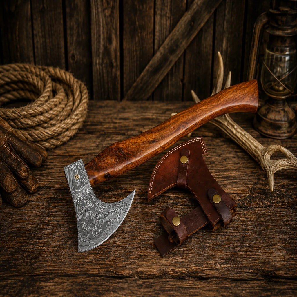 Viking Style Damascus Steel Axe with Leather Sheath & Rosewood Handle