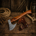 Viking Style Damascus Steel Axe with Leather Sheath & Rosewood Handle