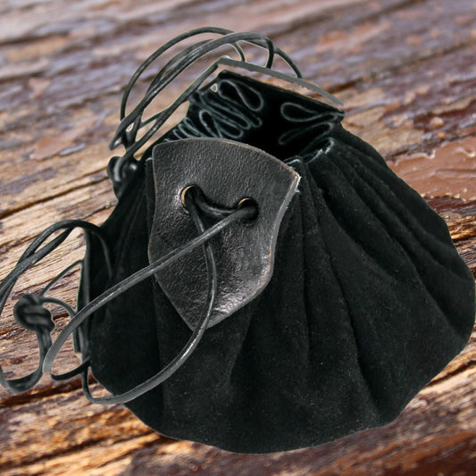 Pochette en daim Viking noir fabriquée à la main | Fermeture à cordon