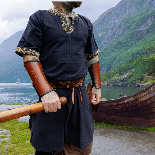 Black V-Neck Viking Tunic | Short Sleeves, Embroidered Border