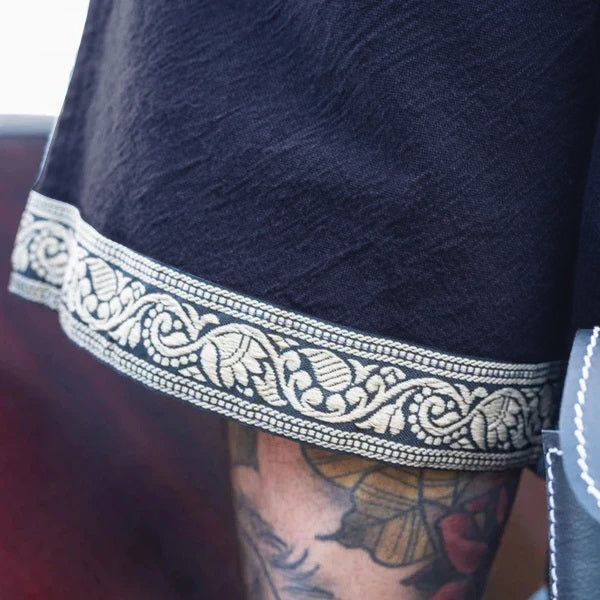 Dark Blue V-Neck Viking Tunic | Short Sleeves, Embroidered Border