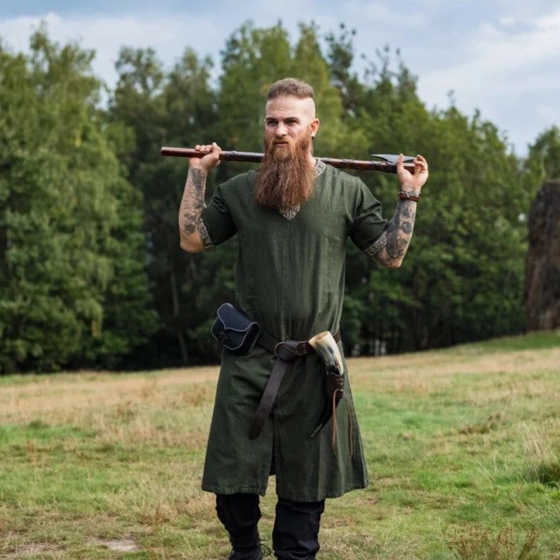 Green V-Neck Viking Tunic | Short Sleeves, Embroidered Border