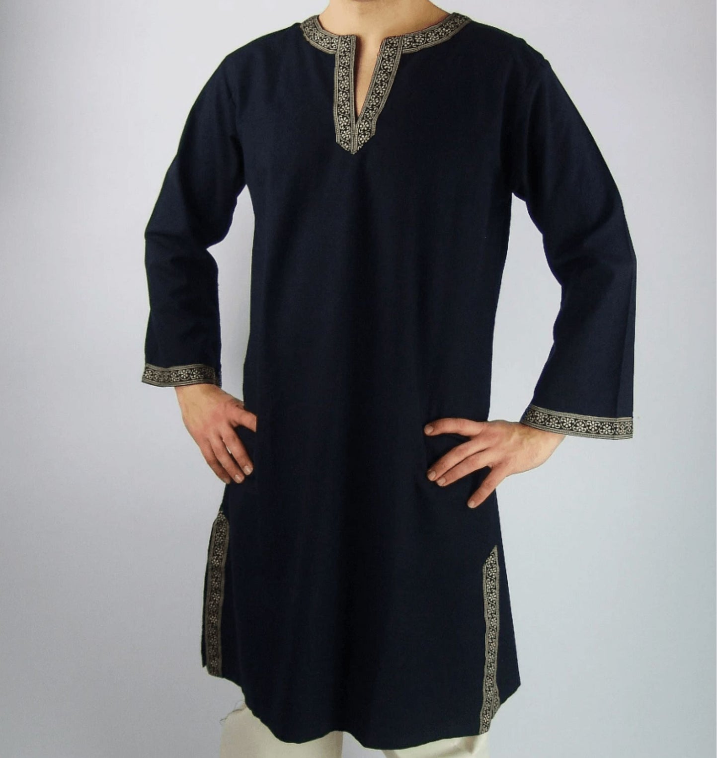 Natural Cotton Viking Tunic | Embroidered Border, Knee-Length
