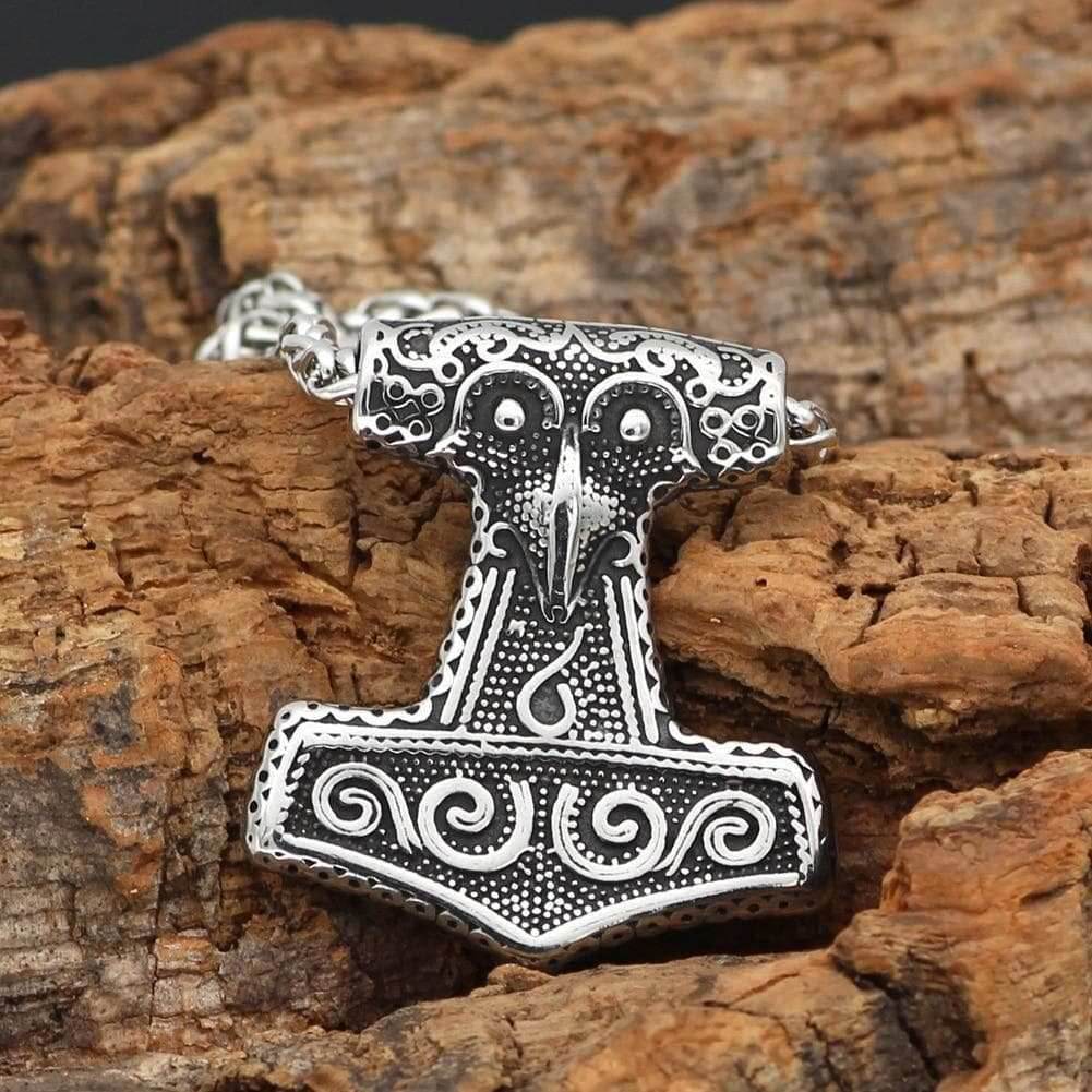 Viking Raven Mjolnir Necklace - 