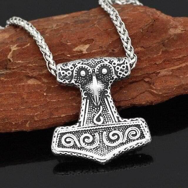 Viking Raven Mjolnir Necklace - 