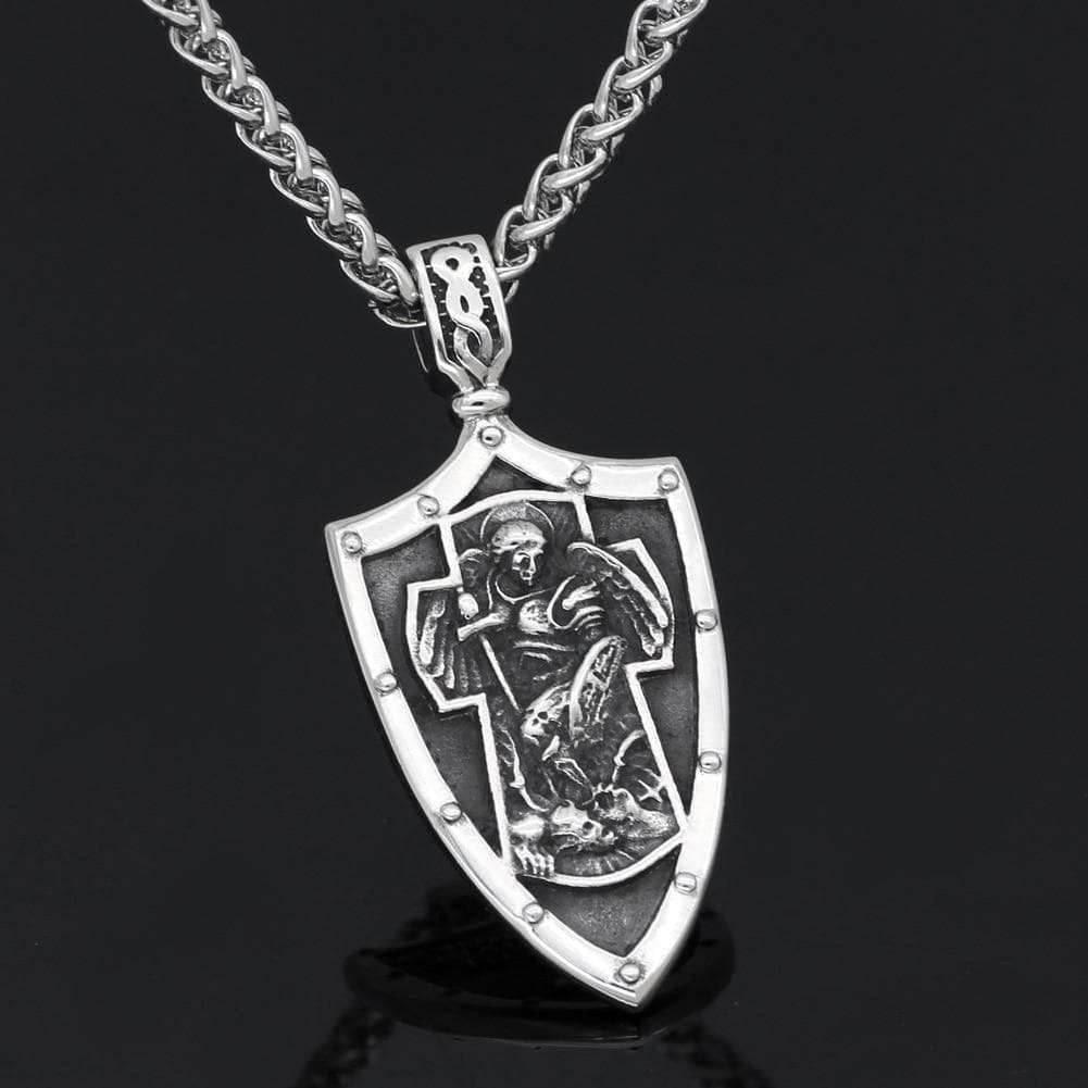 Templar St. Michael Arch Angel Cross Shield Necklace - 