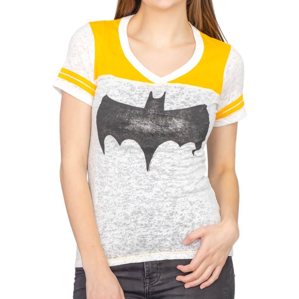 Vintage Batman Logo Juniors Burnout T-shirt with Striped Sleeves