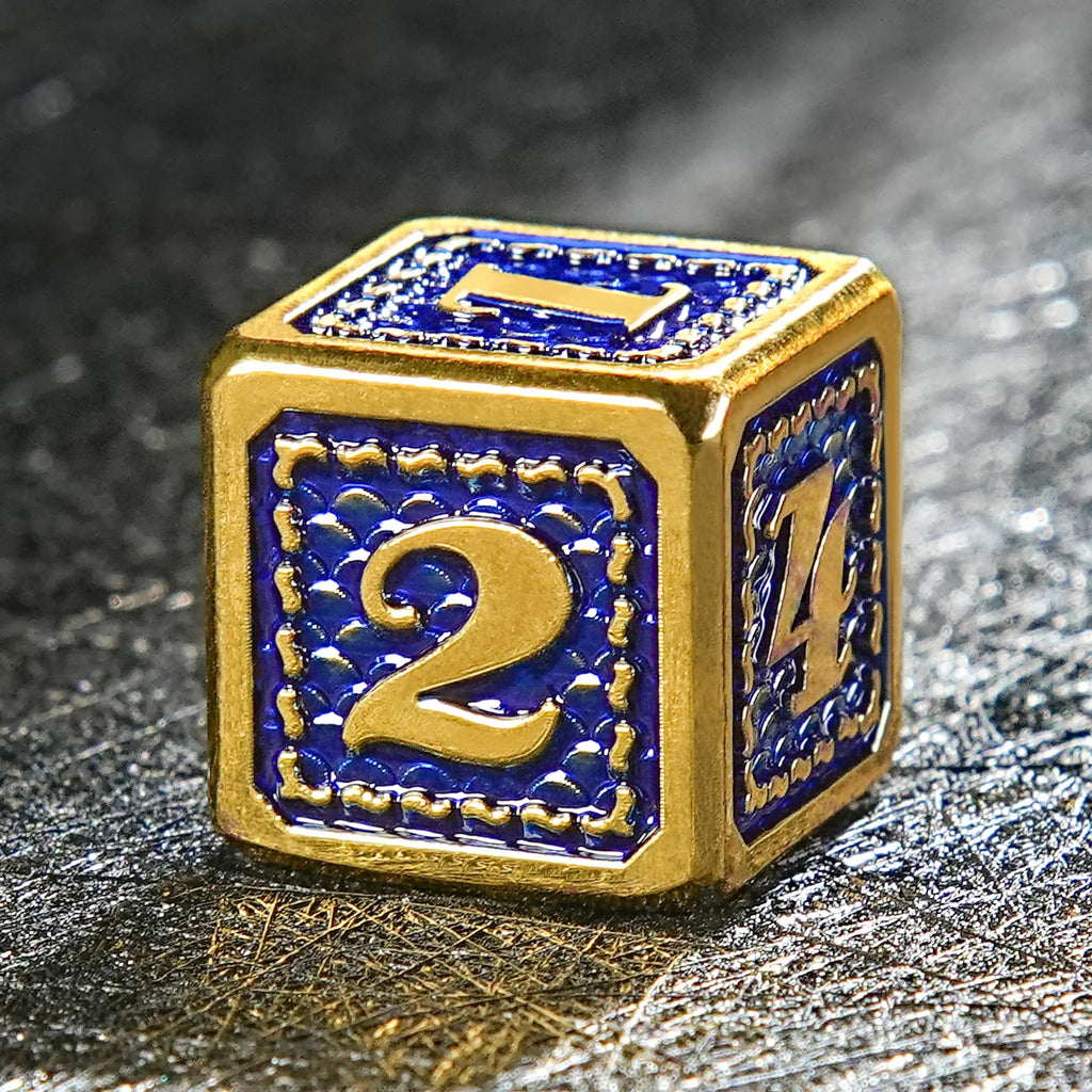 Vintage Luxury: Gold Blue Dragon Scale Metal DND Dice Set