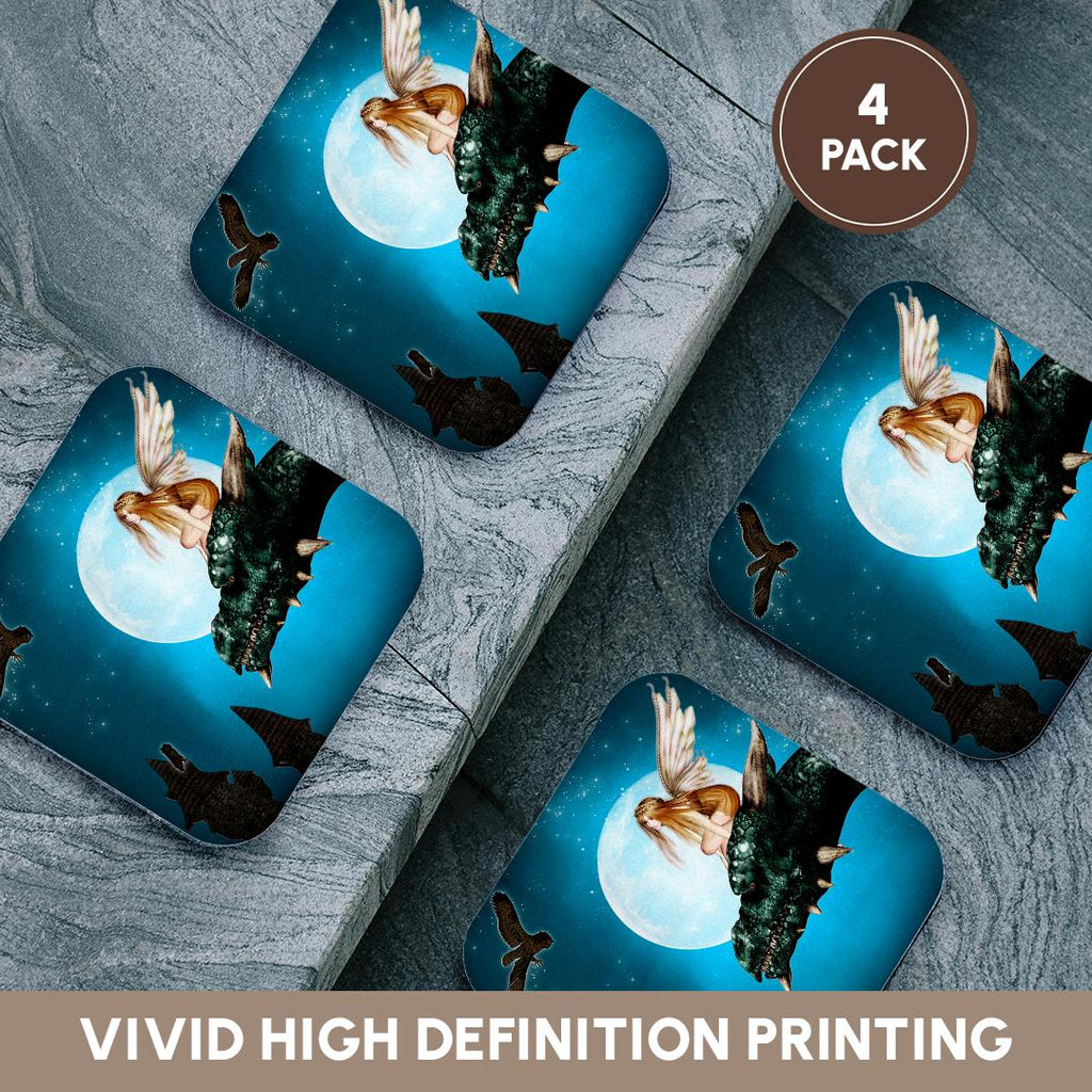 3dRose Renderly Yours Fairies - Fairy Dragon Fantasy with Moon and Owls - Coasters (cst_25967)