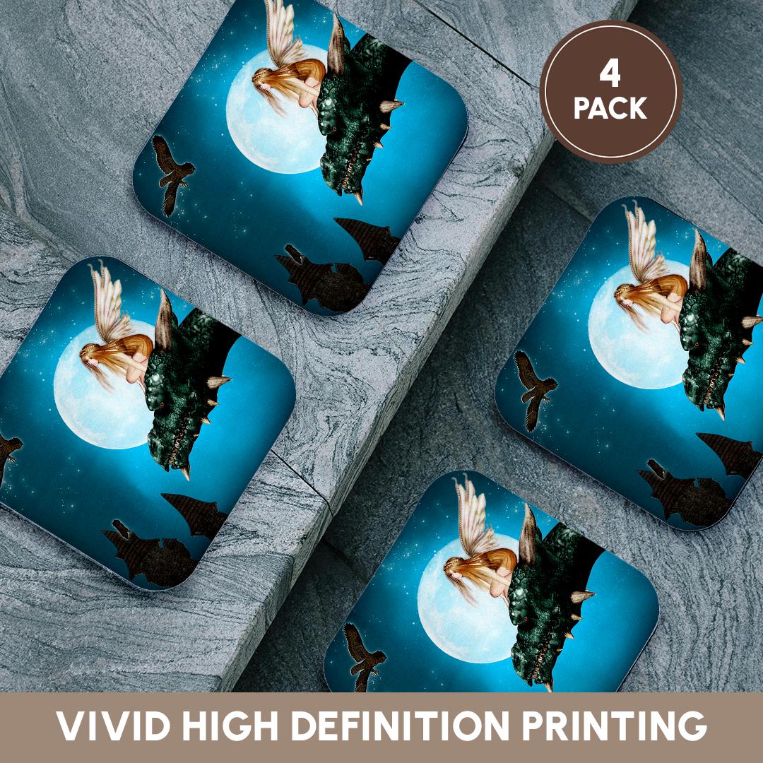 3dRose Renderly Yours Fairies - Fairy Dragon Fantasy with Moon and Owls - Coasters (cst_25967)