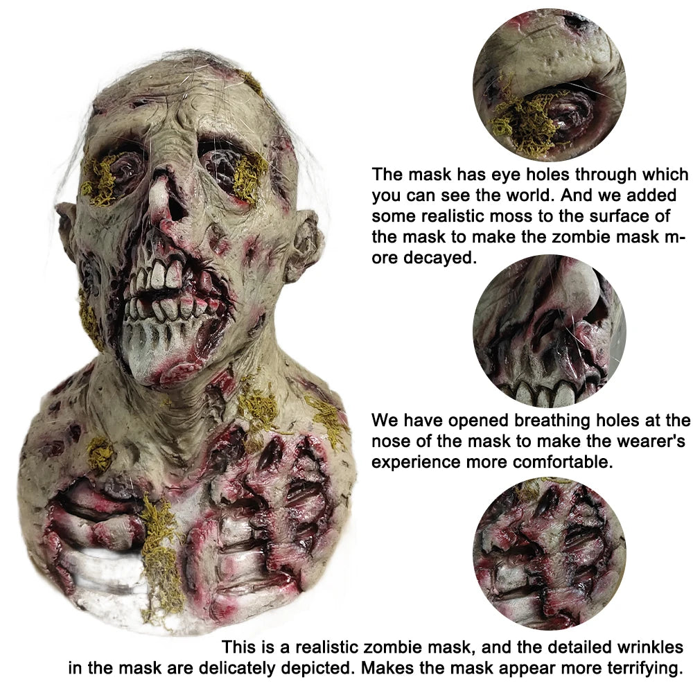 Walking Dead Zombie Head Mask Movie Cosplay Scary Monster Latex Masks Halloween Party Horror Seaweed Zombie Mask Role Play Props