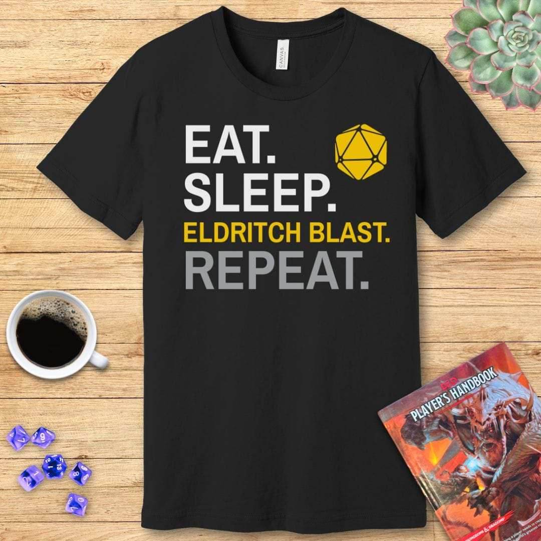 Warlock Class T-Shirt – 'Eat, Sleep, Eldritch Blast, Repeat' - Navy / S