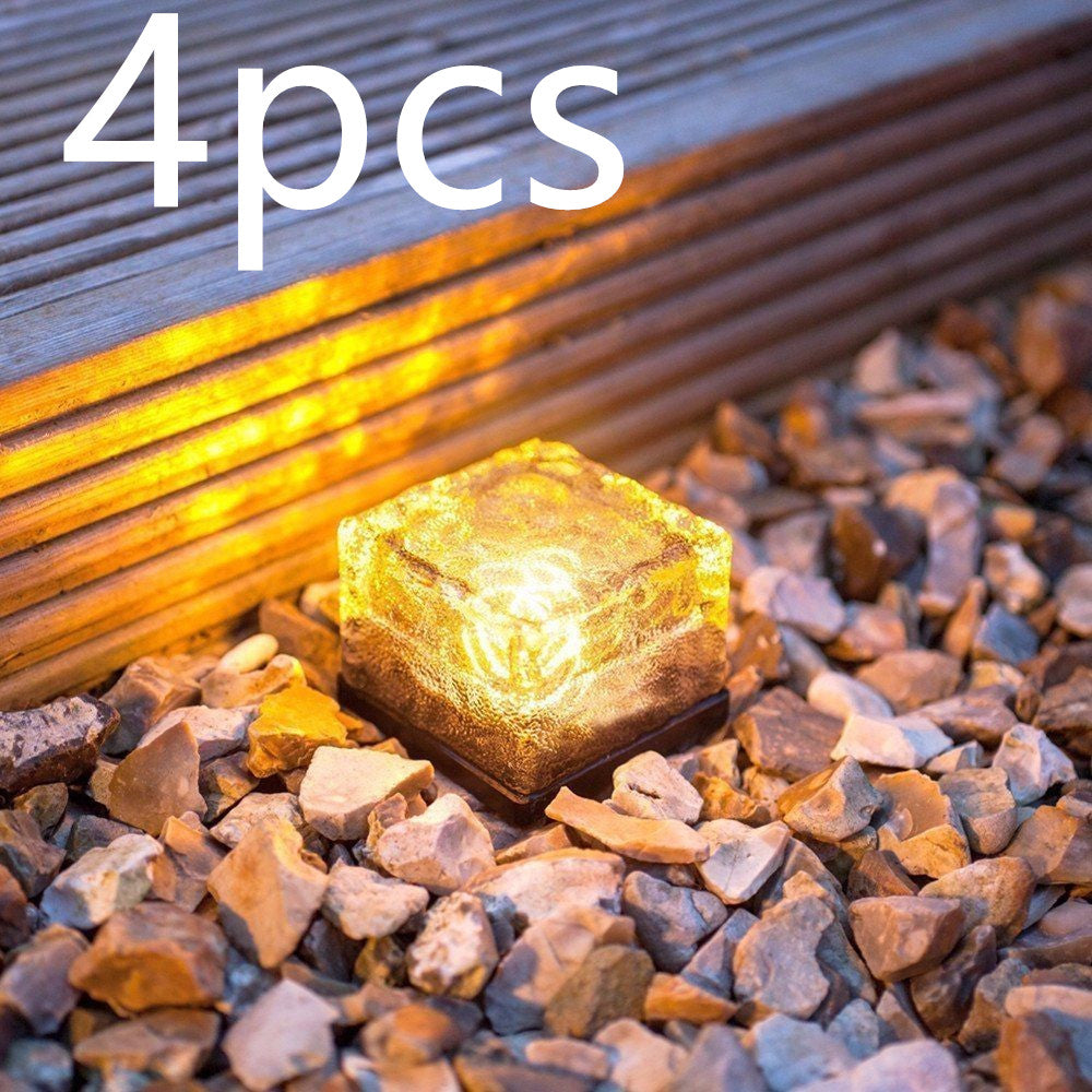 Waterproof Solar Power LED Ground Crystal Glass Ice Brick Shape Outdoor Yard Garden Deck Road Lamp Light