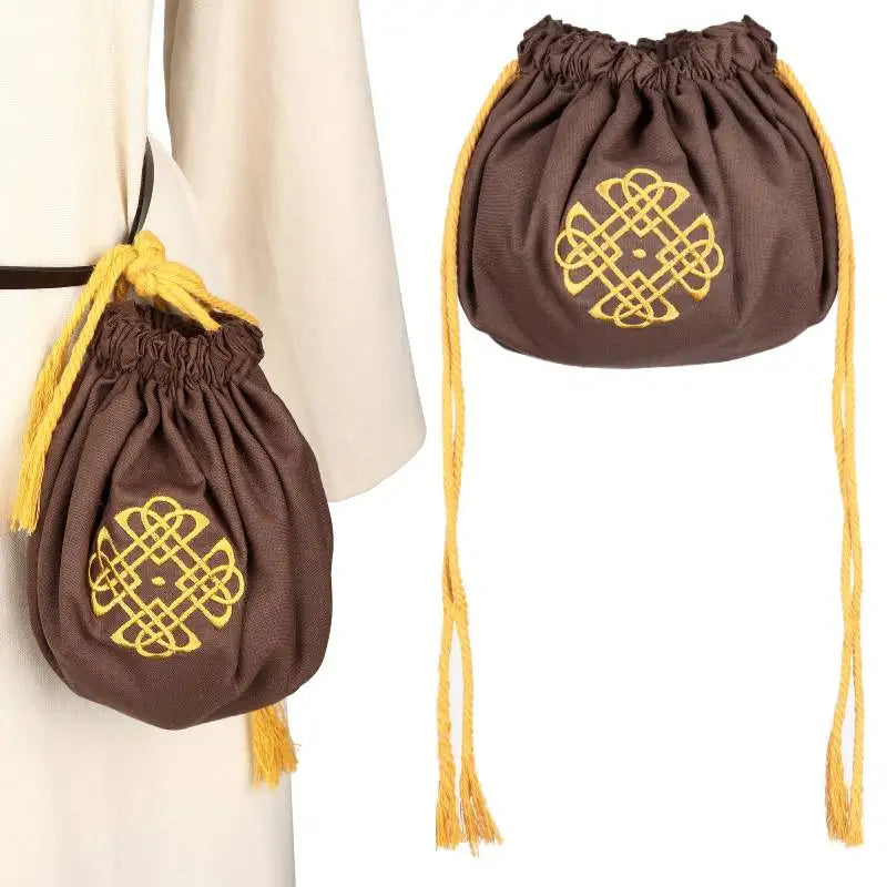 WENAM Medieval Drawstring Coin Jewelry Pouch Viking Cosplay Silk Purse with Tassels Embroidered Pouch Coin Purse Waist Bags