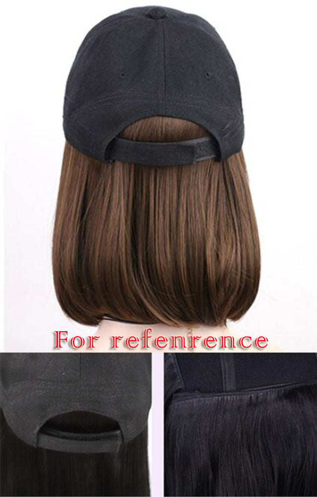 White Baseball Cap with Bob Short Hair Extensions Synthetic Adjustable Cap Wig, Brown Wig Cap