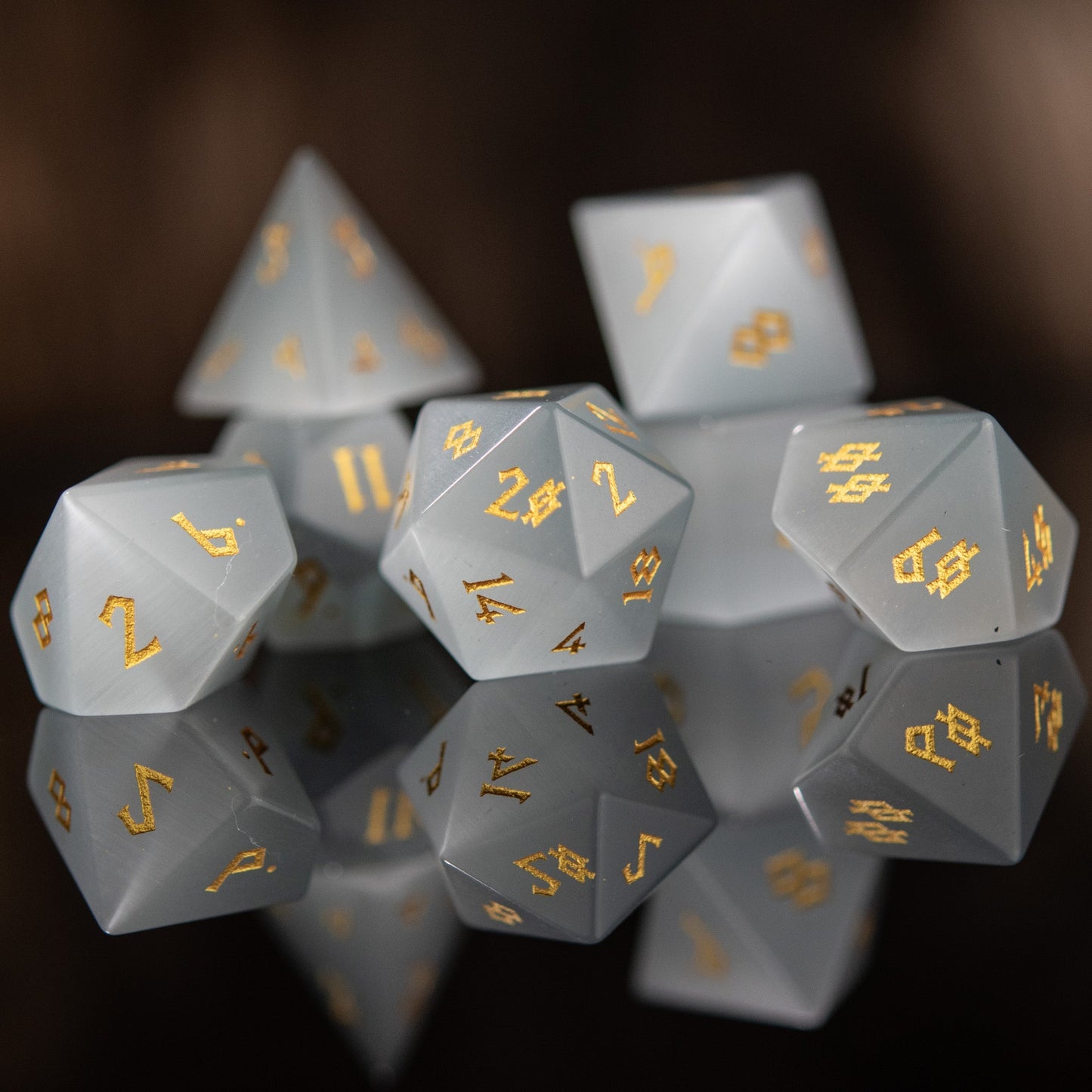 White Cat's Eye Stone Dice Set