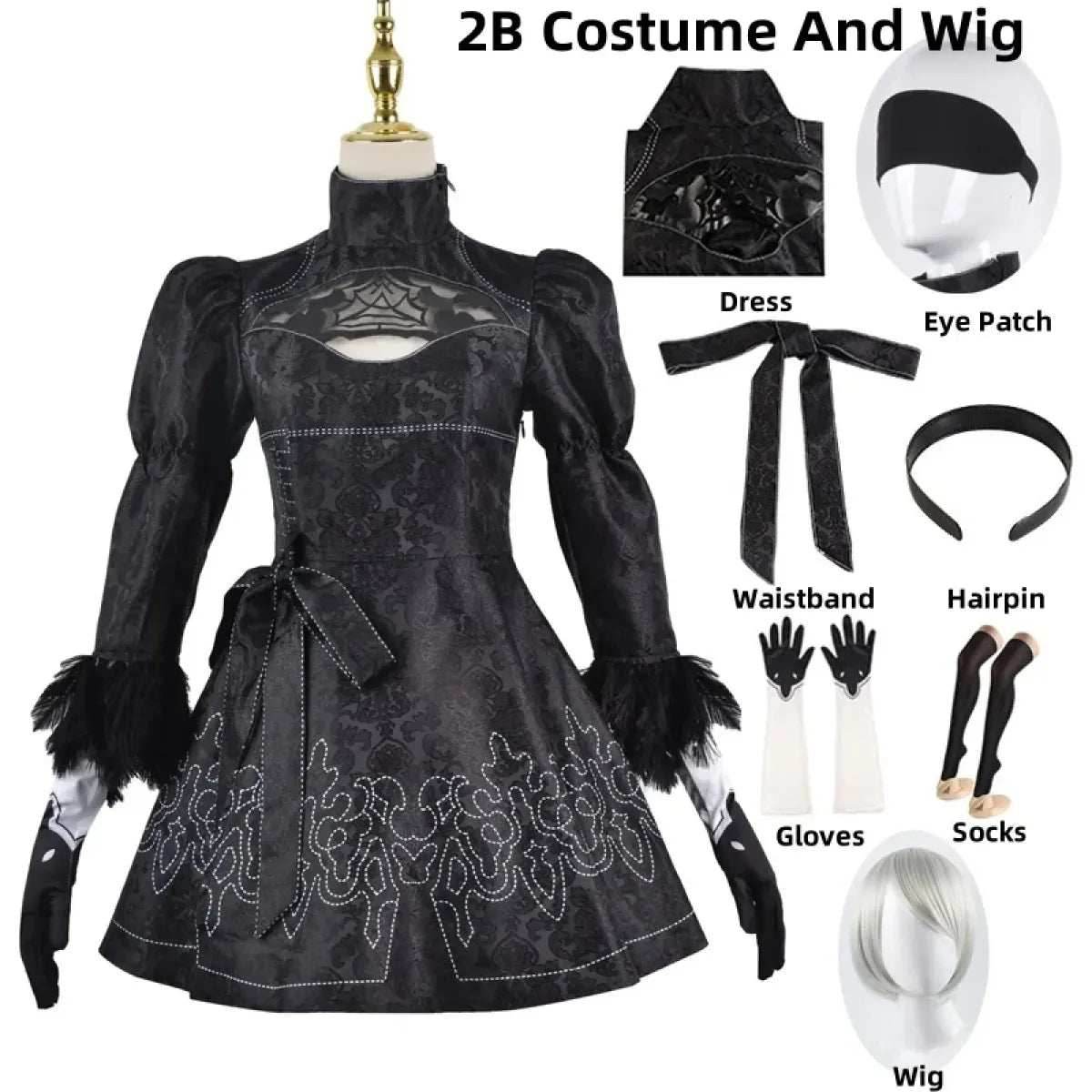 NieR: Automata 9S & 2B Cosplay Costume with Wig and Accessories - 2B Costume and wig / S