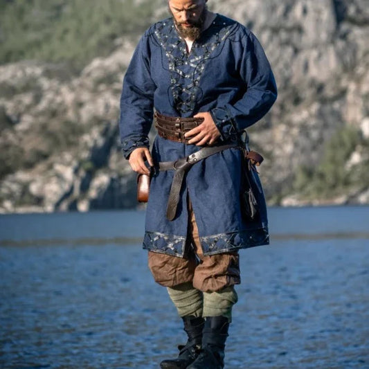 Tunique du Seigneur Viking | Bleu avec garniture en cuir et rivets