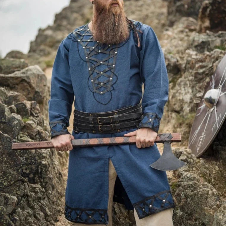 Tunique du Seigneur Viking | Bleu avec garniture en cuir et rivets