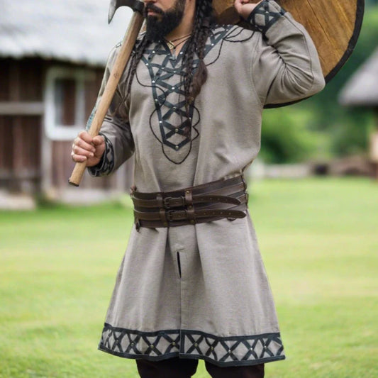 Tunique du Seigneur Viking | Gris avec garniture et rivets en cuir
