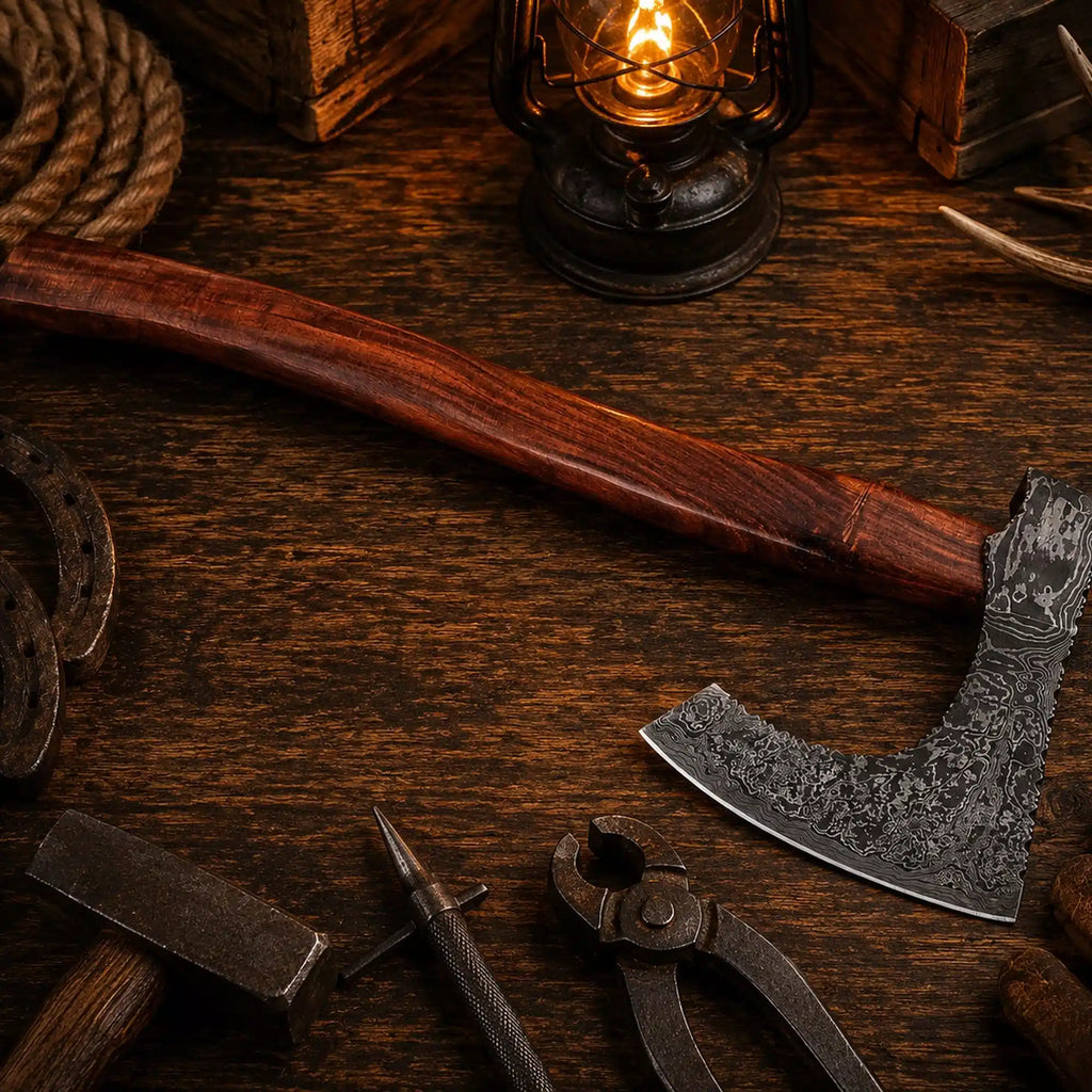 Wild Frontier Damascus Viking Axe – Rosewood Handle & Leather Sheath