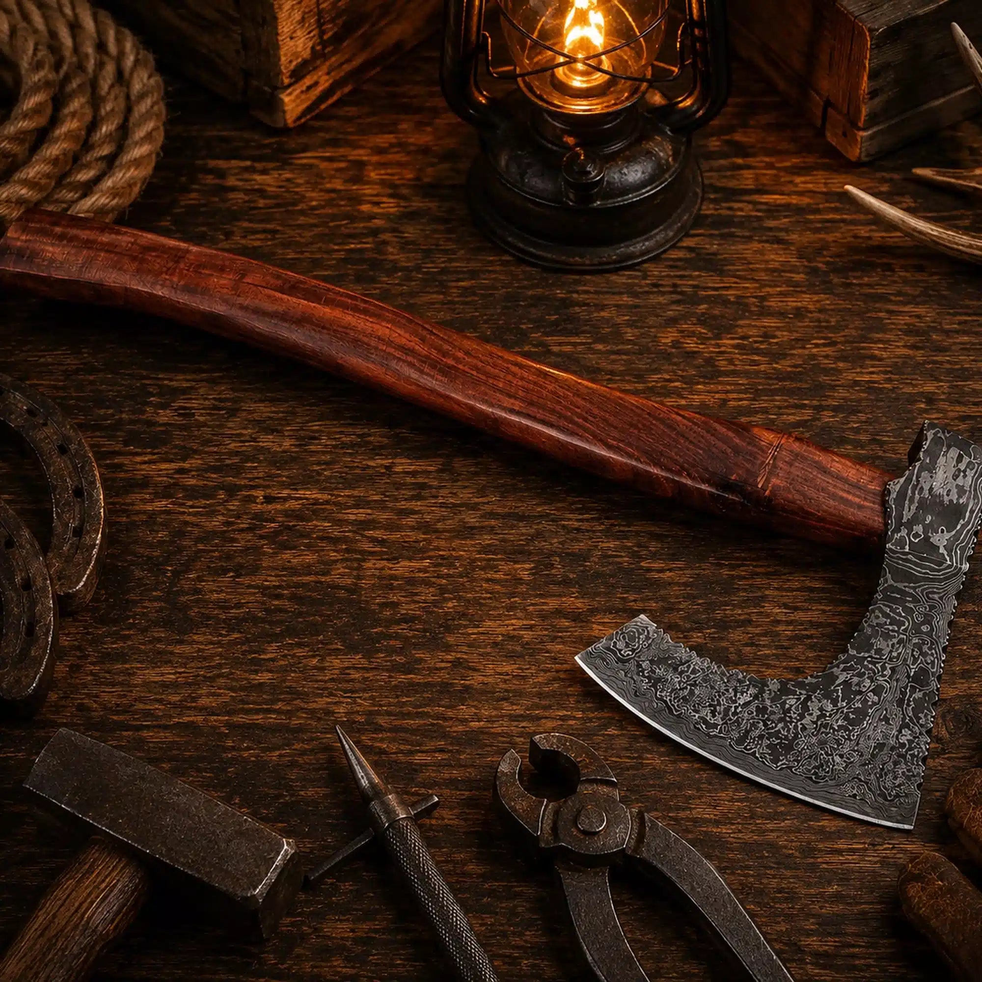 Wild Frontier Damascus Viking Axe – Rosewood Handle & Leather Sheath