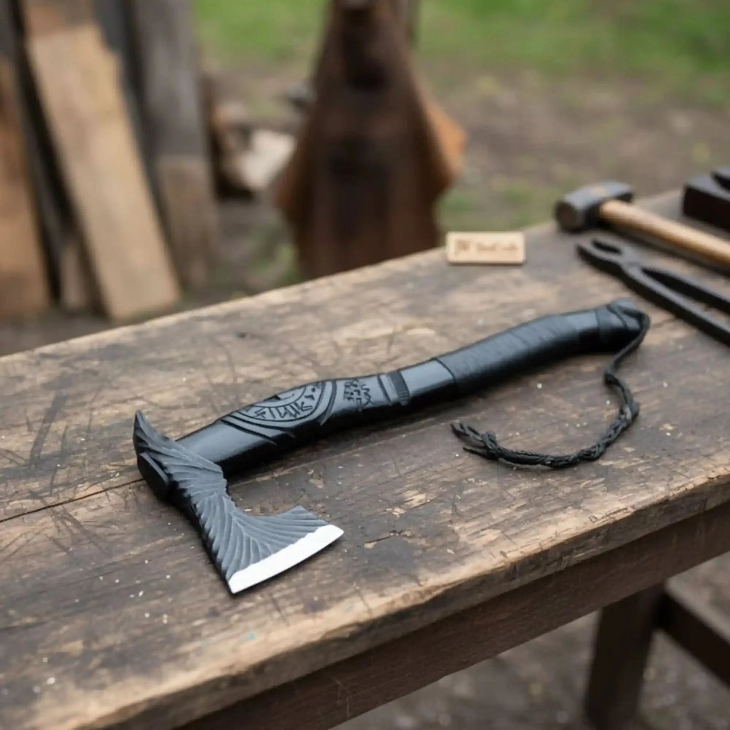Viking-Style Hand-Carved Battle Axe | Blackened Wood Handle & Leather Sheath