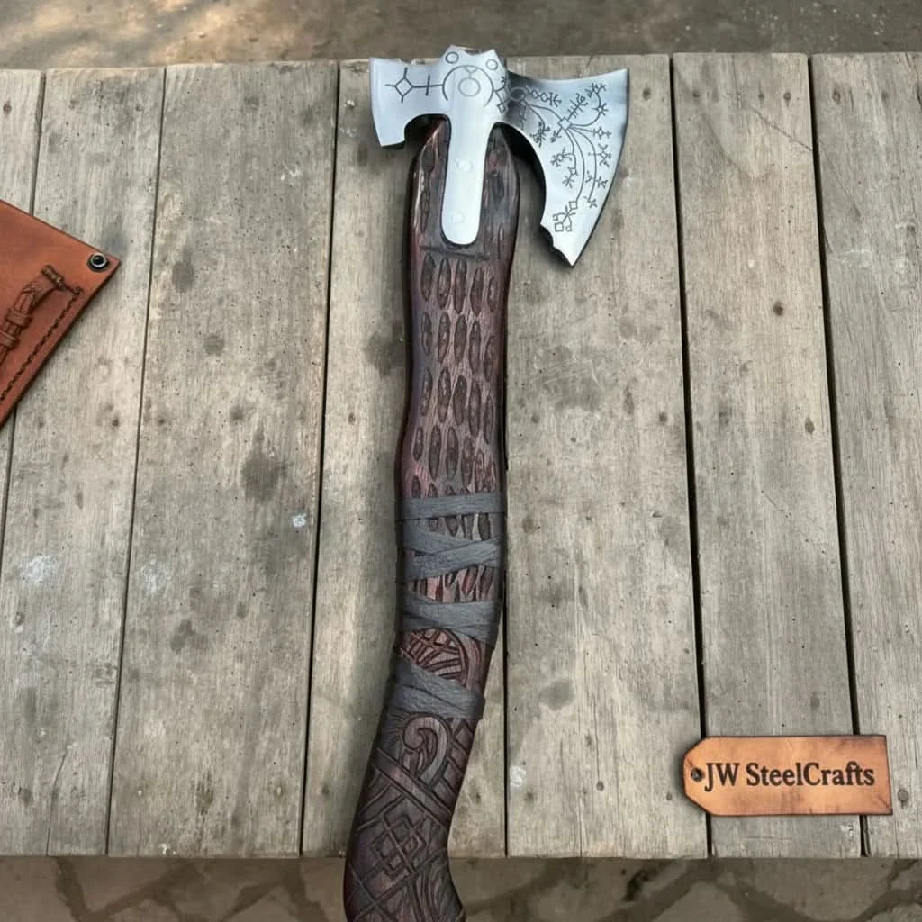 Hand Engraved Viking Double-Bit Axe with Carved Hardwood Handle and Norse Rune Detailing | Handmade Damascus Steel Collector Axe | JW SteelCrafts